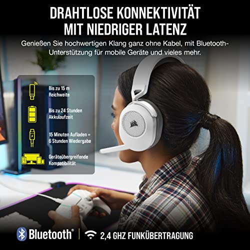 Corsair HS65 Wireless Gaming Headset Bluetooth Dolby 7.1-Surround-Sound - White (Generalüberholt) (Generalüberholt) Bild 3