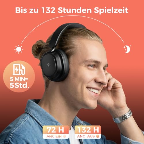 havit SPACE NC01H Hybrid Active Noise Cancelling Kopfhörer, Over Ear Bluetooth Kopfhörer mit 4 Mic ENC, 132H Spielzeit, Faltbare Overhead-Kopfhörer mit tiefem Bass, Bluetooth 6, App-Steuerung Bild 4