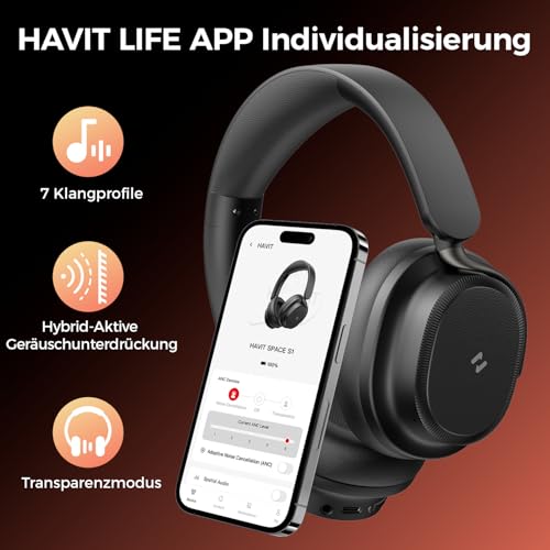 havit SPACE NC01H Hybrid Active Noise Cancelling Kopfhörer, Over Ear Bluetooth Kopfhörer mit 4 Mic ENC, 132H Spielzeit, Faltbare Overhead-Kopfhörer mit tiefem Bass, Bluetooth 6, App-Steuerung Bild 5