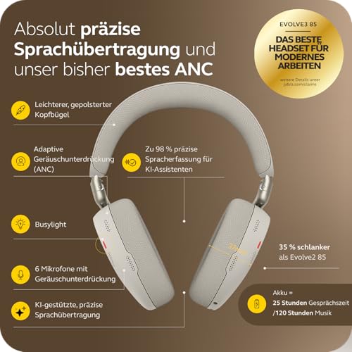 Jabra Evolve3 85 Over-Ear Bluetooth Headset kabellos mit Mikrofon für Büro, USB-C, KI-Sprachanruf, Adaptive Aktive Geräuschunterdrückung, 25h Akku, MS Teams Zertifiziert, Warmgrau Bild 2