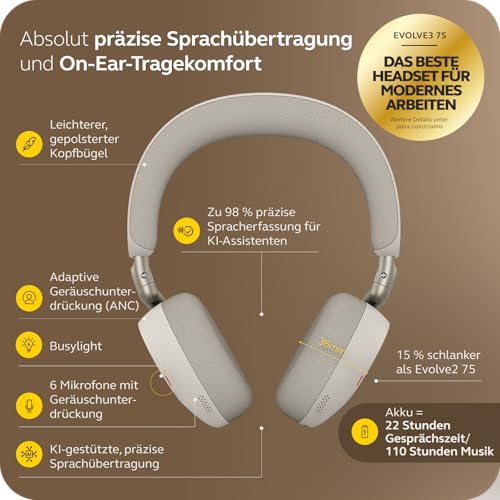 Jabra Evolve3 75 On-Ear Bluetooth Headset kabellos mit Mikrofon für Büro, USB-C, KI-Sprachanruf, Erweiterte Aktive Geräuschunterdrückung, 22h Akku, MS Teams Zertifiziert, Warmgrau Bild 2