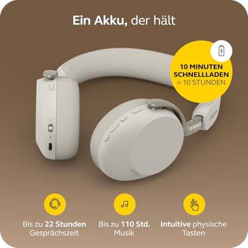 Jabra Evolve3 75 On-Ear Bluetooth Headset kabellos mit Mikrofon für Büro, USB-C, KI-Sprachanruf, Erweiterte Aktive Geräuschunterdrückung, 22h Akku, MS Teams Zertifiziert, Warmgrau Bild 6
