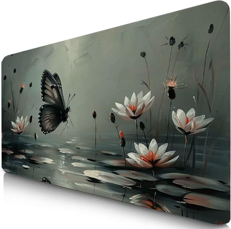 Schreibtischunterlage Grau Mauspad XXL 150x80cm Mousepad Schmetterling Gaming Mauspad mit Nicht rutschender Unterlage, Vernähte Kanten WassXerdicht Anti-Rutsch Maus Pad für PC, MacBook, Laptop F0-608 Bild 1