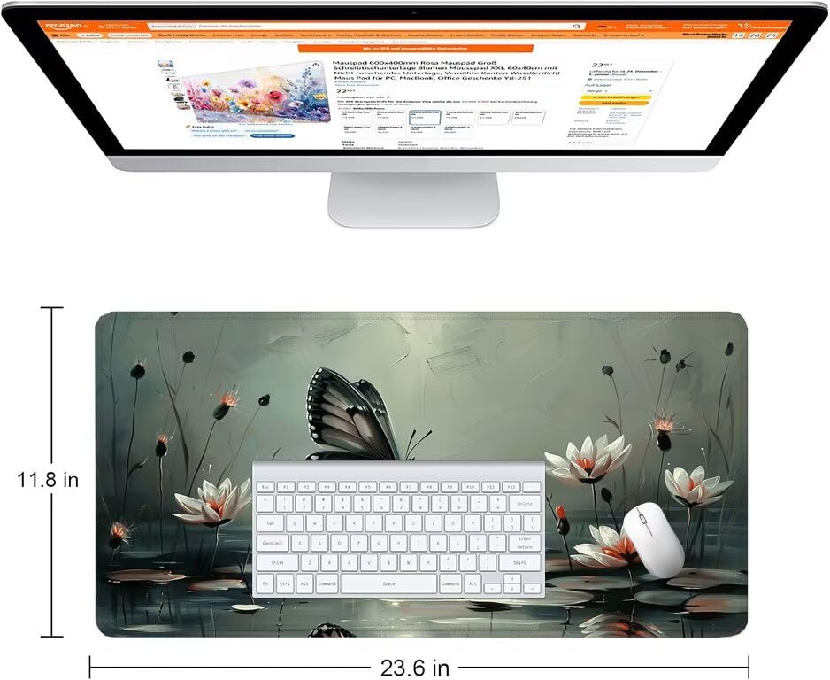 Schreibtischunterlage Grau Mauspad XXL 150x80cm Mousepad Schmetterling Gaming Mauspad mit Nicht rutschender Unterlage, Vernähte Kanten WassXerdicht Anti-Rutsch Maus Pad für PC, MacBook, Laptop F0-608 Bild 2
