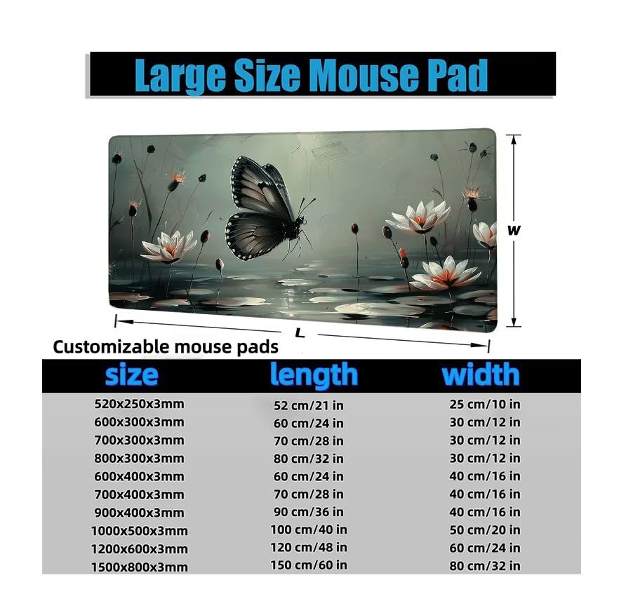 Schreibtischunterlage Grau Mauspad XXL 150x80cm Mousepad Schmetterling Gaming Mauspad mit Nicht rutschender Unterlage, Vernähte Kanten WassXerdicht Anti-Rutsch Maus Pad für PC, MacBook, Laptop F0-608 Bild 6