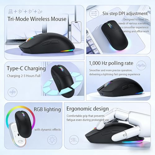 Gaming Maus Kabellos, RGB Gaming Mouse mit Einstellbarer DPI 800/1200/1600/2400/3600/4800, Bluetooth Maus(2.4G+BT1+BT2+Kabelgebunden) 1K Abrufrate, Für PC, Laptop, Tablet, Handy - Schwarz Bild 3