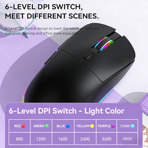 Gaming Maus Kabellos, RGB Gaming Mouse mit Einstellbarer DPI 800/1200/1600/2400/3600/4800, Bluetooth Maus(2.4G+BT1+BT2+Kabelgebunden) 1K Abrufrate, Für PC, Laptop, Tablet, Handy - Schwarz Bild 4