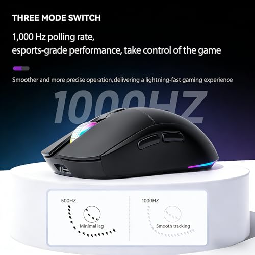 Gaming Maus Kabellos, RGB Gaming Mouse mit Einstellbarer DPI 800/1200/1600/2400/3600/4800, Bluetooth Maus(2.4G+BT1+BT2+Kabelgebunden) 1K Abrufrate, Für PC, Laptop, Tablet, Handy - Schwarz Bild 5