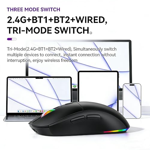 Gaming Maus Kabellos, RGB Gaming Mouse mit Einstellbarer DPI 800/1200/1600/2400/3600/4800, Bluetooth Maus(2.4G+BT1+BT2+Kabelgebunden) 1K Abrufrate, Für PC, Laptop, Tablet, Handy - Schwarz Bild 6