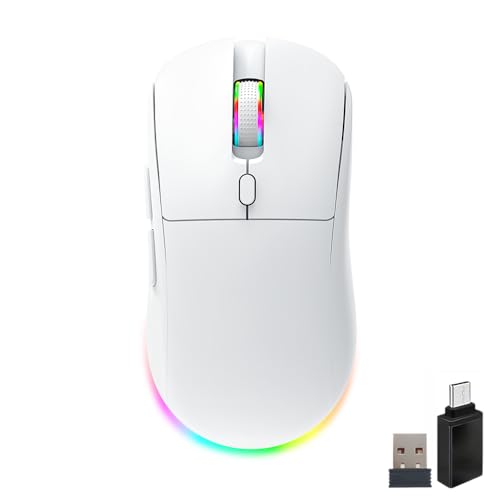 Gaming Maus Kabellos, RGB Gaming Mouse mit Einstellbarer DPI 800/1200/1600/2400/3600/4800, Bluetooth Maus(2.4G+BT1+BT2+Kabelgebunden) 1K Abrufrate, Für PC, Laptop, Tablet, Handy - Weiß Bild 1
