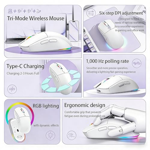Gaming Maus Kabellos, RGB Gaming Mouse mit Einstellbarer DPI 800/1200/1600/2400/3600/4800, Bluetooth Maus(2.4G+BT1+BT2+Kabelgebunden) 1K Abrufrate, Für PC, Laptop, Tablet, Handy - Weiß Bild 4
