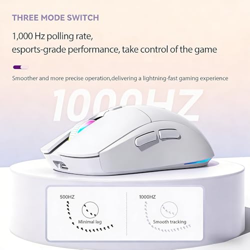 Gaming Maus Kabellos, RGB Gaming Mouse mit Einstellbarer DPI 800/1200/1600/2400/3600/4800, Bluetooth Maus(2.4G+BT1+BT2+Kabelgebunden) 1K Abrufrate, Für PC, Laptop, Tablet, Handy - Weiß Bild 5