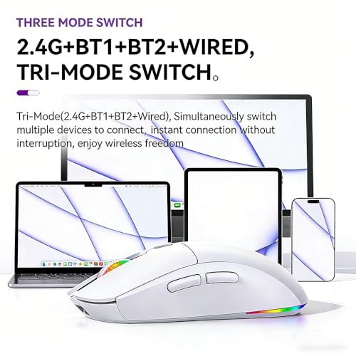 Gaming Maus Kabellos, RGB Gaming Mouse mit Einstellbarer DPI 800/1200/1600/2400/3600/4800, Bluetooth Maus(2.4G+BT1+BT2+Kabelgebunden) 1K Abrufrate, Für PC, Laptop, Tablet, Handy - Weiß Bild 6
