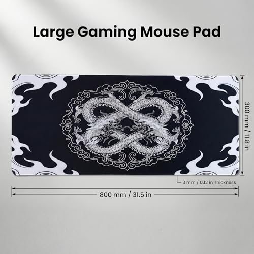 Mauspad XL Gaming, 800 x 300 mm Mousepad groß, Schreibtischunterlage Drachen Motiv, Verbessert Präzision und Geschwindigkeit, rutschfest, vernähte Kanten, für PC, Tastatur, Maus Bild 2