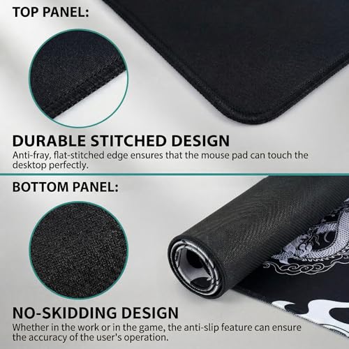Mauspad XL Gaming, 800 x 300 mm Mousepad groß, Schreibtischunterlage Drachen Motiv, Verbessert Präzision und Geschwindigkeit, rutschfest, vernähte Kanten, für PC, Tastatur, Maus Bild 6
