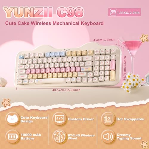 YUNZII C98 Drahtlose Mechanische Tastatur mit Nummernblock,BT5.0/2,4G/USB-C,Hot-Swap Gasket Mount,PBT MOA-Tastenkappen,RGB, Niedliche Kuchen Tastatur für Windows/Mac (Beige, Milk V2 Linear Switch) Bild 2