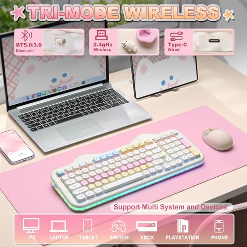 YUNZII C98 Drahtlose Mechanische Tastatur mit Nummernblock,BT5.0/2,4G/USB-C,Hot-Swap Gasket Mount,PBT MOA-Tastenkappen,RGB, Niedliche Kuchen Tastatur für Windows/Mac (Beige, Milk V2 Linear Switch) Bild 3