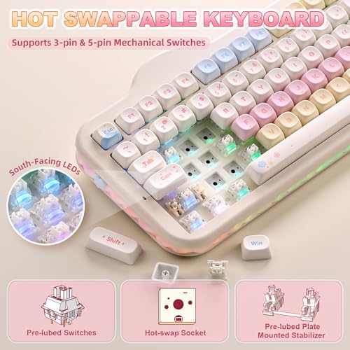 YUNZII C98 Drahtlose Mechanische Tastatur mit Nummernblock,BT5.0/2,4G/USB-C,Hot-Swap Gasket Mount,PBT MOA-Tastenkappen,RGB, Niedliche Kuchen Tastatur für Windows/Mac (Beige, Milk V2 Linear Switch) Bild 5