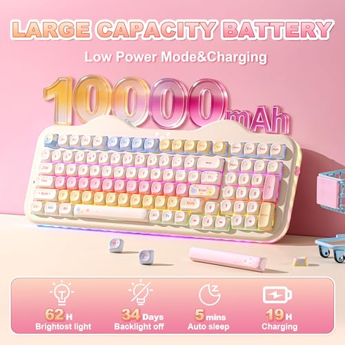 YUNZII C98 Drahtlose Mechanische Tastatur mit Nummernblock,BT5.0/2,4G/USB-C,Hot-Swap Gasket Mount,PBT MOA-Tastenkappen,RGB, Niedliche Kuchen Tastatur für Windows/Mac (Beige, Milk V2 Linear Switch) Bild 6