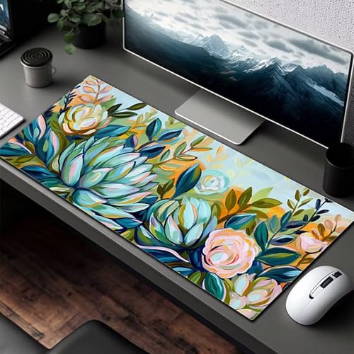 Mauspad XXL 1400x600x3 mm Gaming Mousepad mit Vernähte Kanten - rutschfest Mouse Pad - für PC mit Glatter Oberfläche Mauspad, Mousepad Grün Blume, Maus Pad für alle Maustypen PjY10382 2-H Bild 3