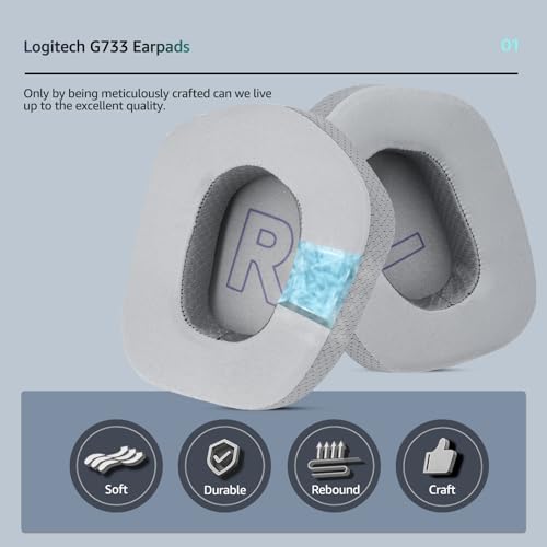 Kühlende Gel-Ersatz-Ohrpolster für Logitech G733 G535 G335 Lightspeed Kabelloses Gaming Headset, Ohrpolster aus haltbarem Eisseide-Stoff, Geräuschisolierendes Schaumstoff (Grau) Bild 3