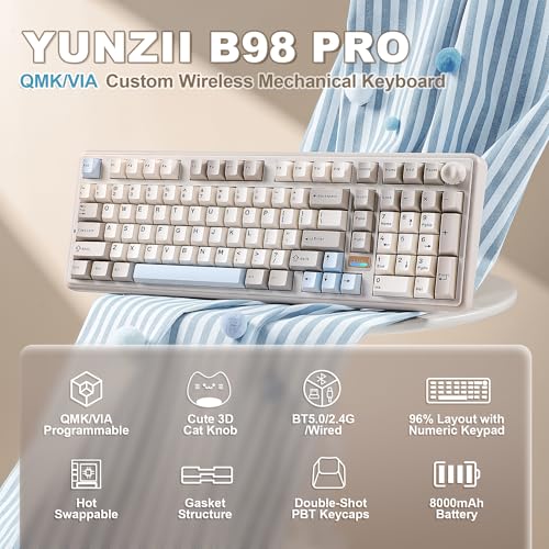 YUNZII B98 PRO QMK/VIA Gaming-Tastatur, 96% Kabellose Mechanische Tastatur mit Nummernblock Niedlichem Katzenknopf, BT/2,4 G/USB-C, Hot-Swap Tastatur Individuelle (Beige, Candy Linear Switch) Bild 2