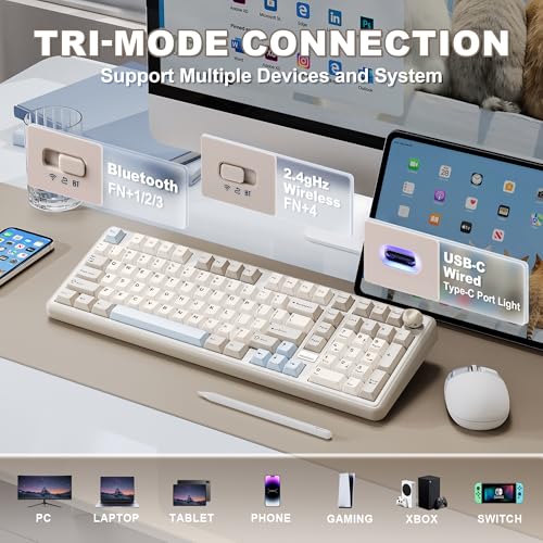 YUNZII B98 PRO QMK/VIA Gaming-Tastatur, 96% Kabellose Mechanische Tastatur mit Nummernblock Niedlichem Katzenknopf, BT/2,4 G/USB-C, Hot-Swap Tastatur Individuelle (Beige, Candy Linear Switch) Bild 3