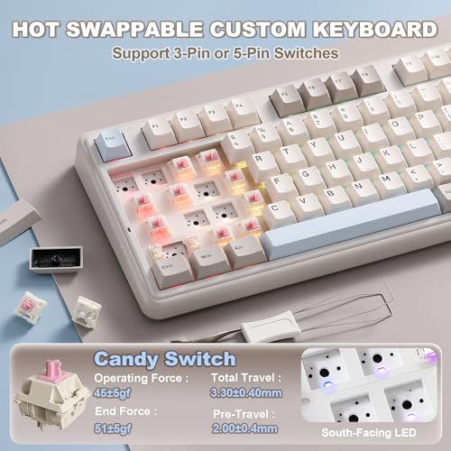YUNZII B98 PRO QMK/VIA Gaming-Tastatur, 96% Kabellose Mechanische Tastatur mit Nummernblock Niedlichem Katzenknopf, BT/2,4 G/USB-C, Hot-Swap Tastatur Individuelle (Beige, Candy Linear Switch) Bild 6
