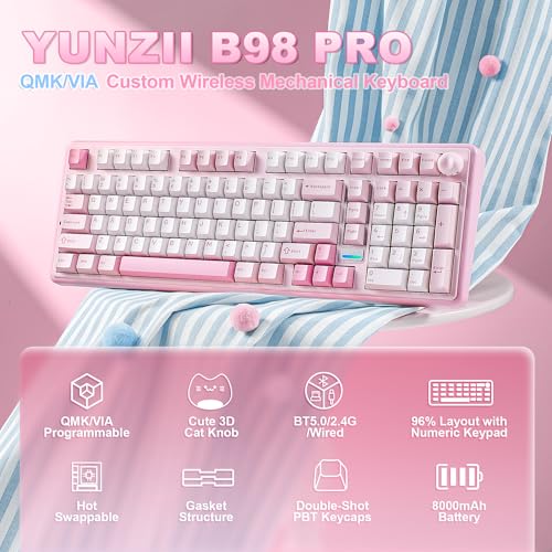 YUNZII B98 PRO QMK/VIA Gaming-Tastatur, 96% Kabellose Mechanische Tastatur mit Nummernblock Niedlichem Katzenknopf, BT/2,4 G/USB-C, Hot-Swap Tastatur Individuelle (Rosa, Candy Linear Switch) Bild 2