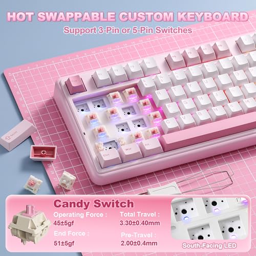YUNZII B98 PRO QMK/VIA Gaming-Tastatur, 96% Kabellose Mechanische Tastatur mit Nummernblock Niedlichem Katzenknopf, BT/2,4 G/USB-C, Hot-Swap Tastatur Individuelle (Rosa, Candy Linear Switch) Bild 6