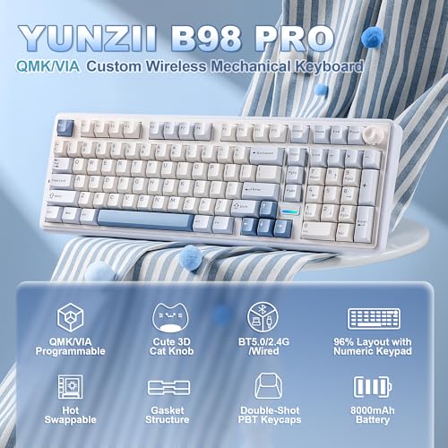 YUNZII B98 PRO QMK/VIA Gaming-Tastatur, 96% Kabellose Mechanische Tastatur mit Nummernblock Niedlichem Katzenknopf, BT/2,4 G/USB-C, Hot-Swap Tastatur Individuelle (Blau, Candy Linear Switch) Bild 2