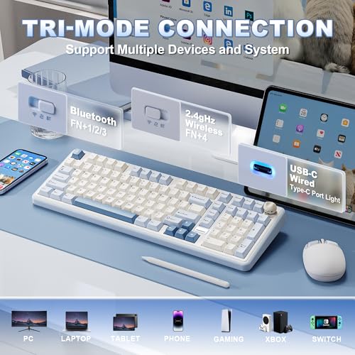 YUNZII B98 PRO QMK/VIA Gaming-Tastatur, 96% Kabellose Mechanische Tastatur mit Nummernblock Niedlichem Katzenknopf, BT/2,4 G/USB-C, Hot-Swap Tastatur Individuelle (Blau, Candy Linear Switch) Bild 3