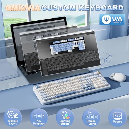 YUNZII B98 PRO QMK/VIA Gaming-Tastatur, 96% Kabellose Mechanische Tastatur mit Nummernblock Niedlichem Katzenknopf, BT/2,4 G/USB-C, Hot-Swap Tastatur Individuelle (Blau, Candy Linear Switch) Bild 4