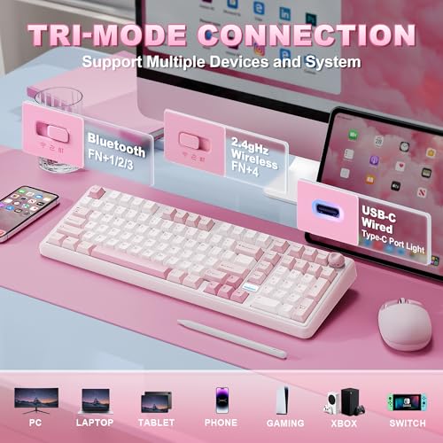 YUNZII B98 PRO QMK/VIA Gaming-Tastatur, 96% Kabellose Mechanische Tastatur mit Nummernblock Niedlichem Katzenknopf, BT/2,4 G/USB-C, Hot-Swap Tastatur Individuelle (Rosa, Milk V2 Linear Switch) Bild 3