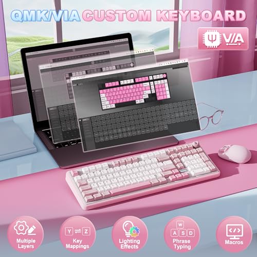 YUNZII B98 PRO QMK/VIA Gaming-Tastatur, 96% Kabellose Mechanische Tastatur mit Nummernblock Niedlichem Katzenknopf, BT/2,4 G/USB-C, Hot-Swap Tastatur Individuelle (Rosa, Milk V2 Linear Switch) Bild 4