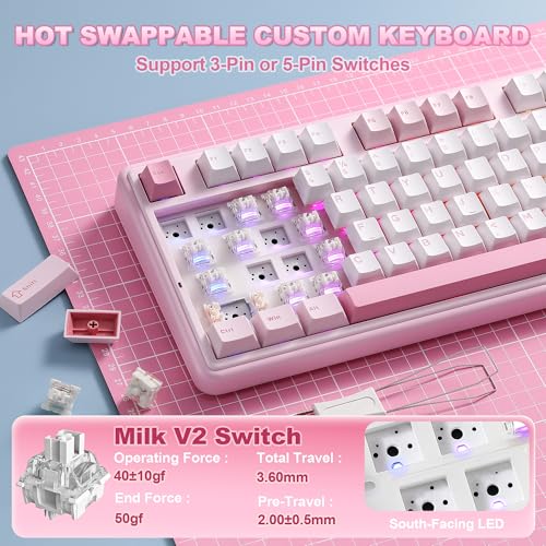 YUNZII B98 PRO QMK/VIA Gaming-Tastatur, 96% Kabellose Mechanische Tastatur mit Nummernblock Niedlichem Katzenknopf, BT/2,4 G/USB-C, Hot-Swap Tastatur Individuelle (Rosa, Milk V2 Linear Switch) Bild 6