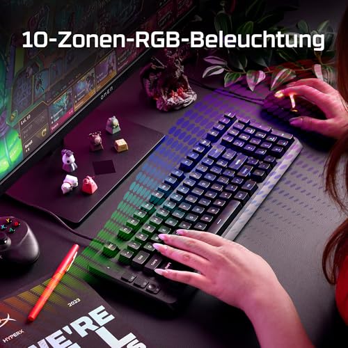 HyperX Eve 1800 Gaming-Tastatur – Kompakte 1800-Layout, QWERTZ deutsches Layout, 10-Zonen RGB-Beleuchtung, Membranschalter, Mediensteuerung, Anti-Ghosting, PC/PS5/Xbox kompatibel – Schwarz Bild 3
