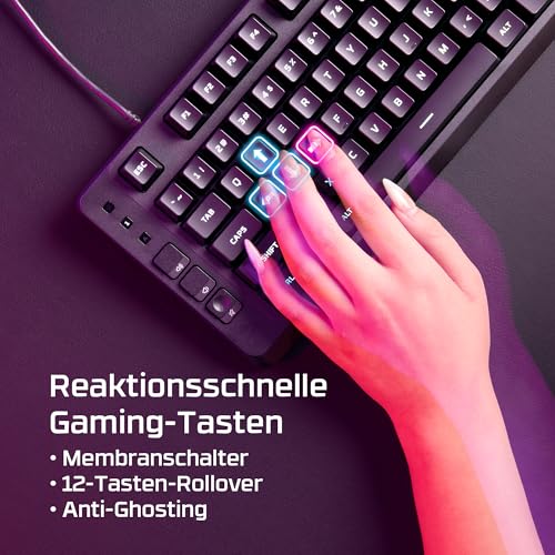 HyperX Eve 1800 Gaming-Tastatur – Kompakte 1800-Layout, QWERTZ deutsches Layout, 10-Zonen RGB-Beleuchtung, Membranschalter, Mediensteuerung, Anti-Ghosting, PC/PS5/Xbox kompatibel – Schwarz Bild 4