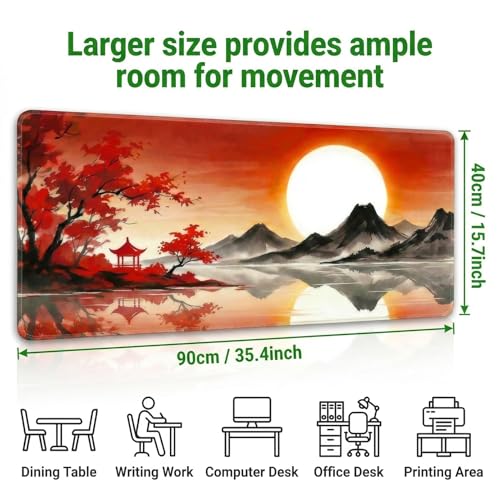 Gaming Mauspad 900x400mm, Großes Mousepad mit Genähten Kanten, rutschfeste Schreibtischunterlage, Waschbares Mauspad, Präzise Steuerung für PC Maus Tastatur, Sonnenuntergangsdesign Bild 2