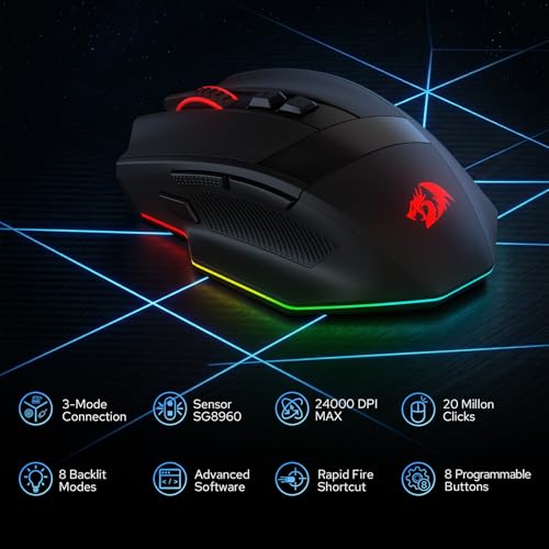 Redragon M923 PRO 3-Mode RGB Gaming Maus, Optische Ergonomische Gamer Maus mit Max 24.000 DPI, Pro Präzisionssensor SG8960, 8 Makrotasten, Softwareunterstützung Bild 2