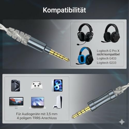 Cubilux 3,5mm TRRRS Klinkenkabel Ersatz für Logitech G Pro/X/X 2, G433, G233 Headset-Kabel mit Mic-Stummschaltung & Lautstärkeregelung, 1,2 m Bild 2