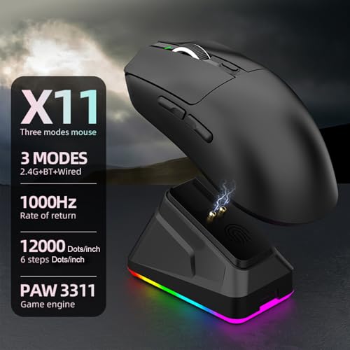 Jectse RGB-Funkmaus, 3 Modi, 2,4 G, USB C, Kabelgebunden, BT-Gaming-Maus mit Ladestation, Ergonomische, Leichte Maus für Computer-PC-Desktop (Black) Bild 2