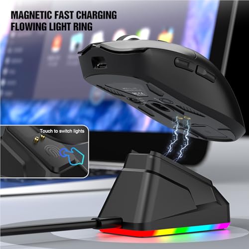 Jectse RGB-Funkmaus, 3 Modi, 2,4 G, USB C, Kabelgebunden, BT-Gaming-Maus mit Ladestation, Ergonomische, Leichte Maus für Computer-PC-Desktop (Black) Bild 3