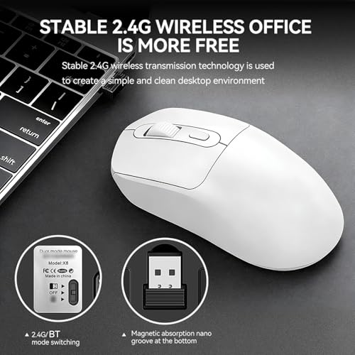 VBESTLIFE Kabellose Gaming-Maus, 2,4 GHz und Bluetooth 5.0 Dual-Mode-Verbindung, 3D-Anti-Rutsch-Design, 800–2400 DPI, für PC und Gaming (White) Bild 4