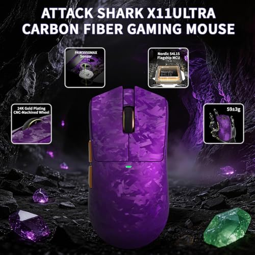 MAMBASNAKE Attack Shark X11 Ultra Carbon Fiber Kabellose Gaming-Maus, Nordic 54L15, PAW3950MAX, 42000 DPI, Dual 8000Hz, 63g Leichtgewicht, Haiflos-Dongle-Design, Doppelschichtige Füße, Für PC, Lila Bild 2