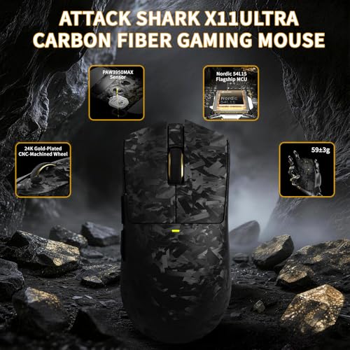 MAMBASNAKE Attack Shark X11 Ultra Carbon Fiber Kabellose Gaming-Maus, Nordic 54L15, PAW3950MAX, 42000 DPI, Dual 8000Hz,63g Leicht, Haiflos-Dongle, Doppelschichtige Füße, PC, Geschmiedetes Schwarz Bild 2
