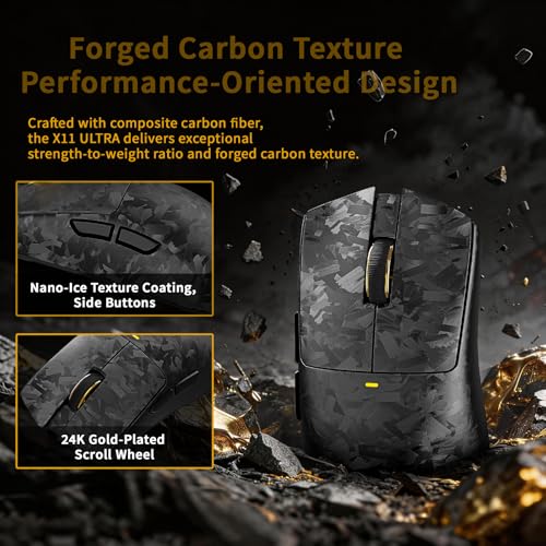 MAMBASNAKE Attack Shark X11 Ultra Carbon Fiber Kabellose Gaming-Maus, Nordic 54L15, PAW3950MAX, 42000 DPI, Dual 8000Hz,63g Leicht, Haiflos-Dongle, Doppelschichtige Füße, PC, Geschmiedetes Schwarz Bild 3
