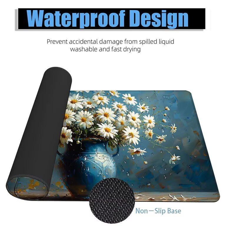 Schreibtischunterlage Blau Mauspad XXL 150x80cm Mousepad Gänseblümchen Gaming Mauspad mit Nicht rutschender Unterlage, Vernähte Kanten WassXerdicht Anti-Rutsch Maus Pad für PC, MacBook, Laptop F0-698 Bild 4