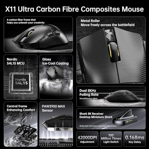 ATTACK SHARK X11 Ultra Wireless Gaming Mouse, Ultra-Light 63g, 42K DPI, 8K Polling, Nordic Chip, Carbon Fiber, for Esports & Pro Gamers Bild 4