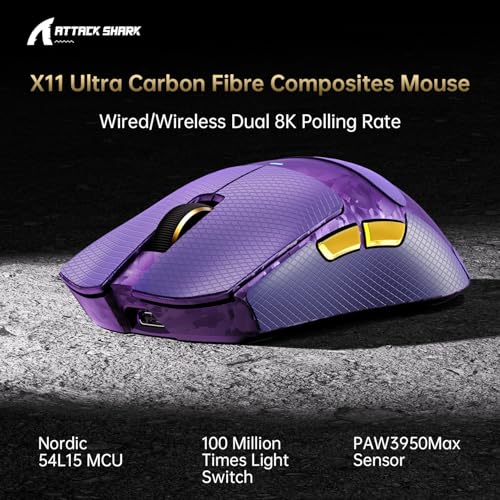 ATTACK SHARK X11 Ultra Wireless Gaming Mouse, Ultra-Light 63g, 42K DPI, 8K Polling, Nordic Chip, Carbon Fiber, for Esports & Pro Gamers Bild 3